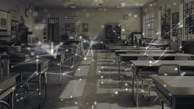 Digital Education Concept with Network Connection Lines Overlay in Empty Classroom