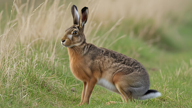 Wild European Brown Hare Standing Alert in a Lush Green Meadow Landscape Surrounded by Tall Grass During a Bright Sunny Spring Morning