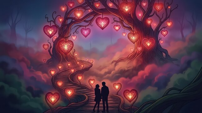 Romantic couple under heart tree, love concept