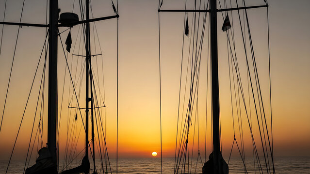 Beautiful Golden Sunset View Seen Through the Tall Masts and Rigging of a Sailing Boat on a Peaceful Sea