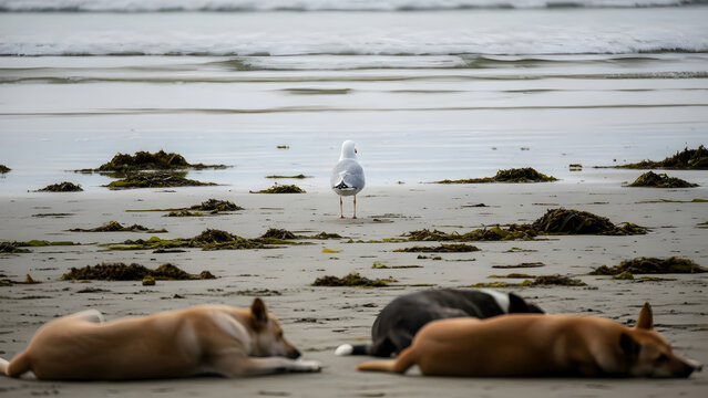 Three Domestic Dogs Relaxing on the Sandy Beach Near a Lone Seagull Standing at the Shoreline During a Peaceful Day by the Ocean