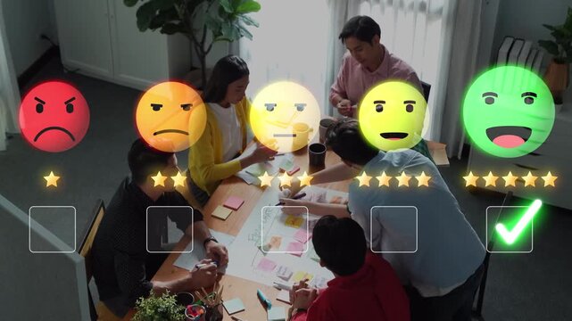 A diverse group of professionals engages in a creative brainstorming session, exploring ideas and representing their emotions through various emoticons to enhance collaboration. Raster