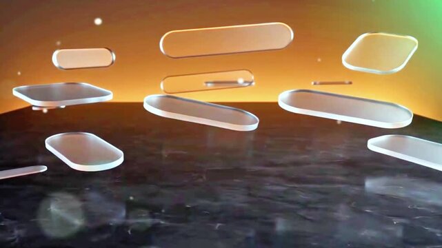 Abstract 3D Render of Floating Frosted Glass Panels over Dark Marble Floor with Warm Golden Background