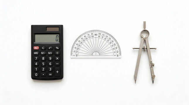 Calculator Protractor and Compass Geometry Tools Set on White