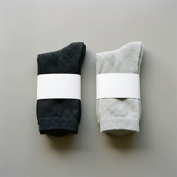 Two pairs of folded cotton socks with empty blank paper labels for branding mockups