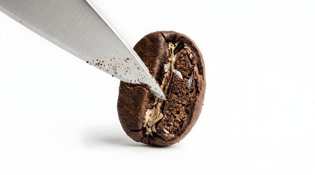 Sharp metal knife slicing through a single roasted coffee bean on white