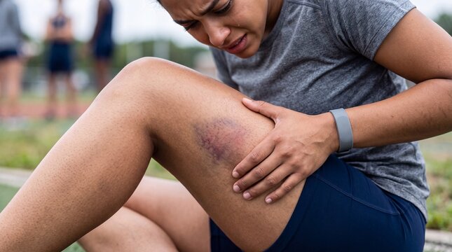 A female runner clutches her knee displaying a large bruise after an apparent sports injury