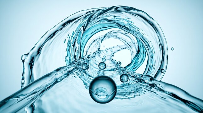 Dynamic swirl of clear water with floating bubbles in a vortex motion