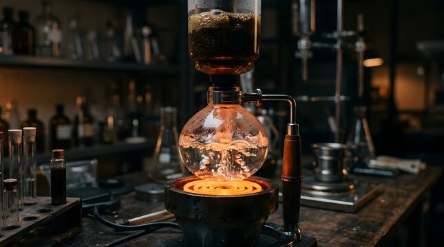Syphon coffee maker brewing hot dark beverage on glowing heater in laboratory setting