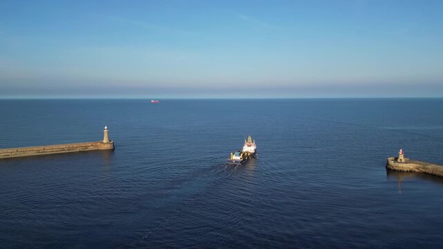 High Angle Drone Camera Footage of Newcastle upon Tyne Beach and Ocean. The Footage Was Captured at Just Before Sunset From Medium High Altitude From Sea Level on 13th October, 2025. 