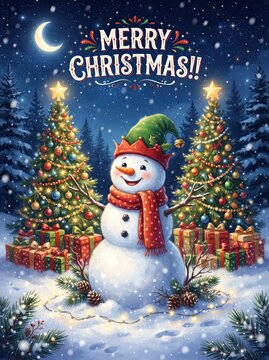 Cheerful snowman with christmas trees and gifts