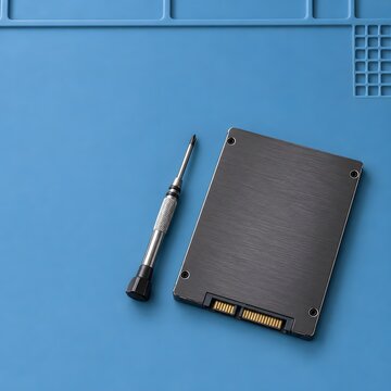 Solid state drive and screwdriver on a blue work mat