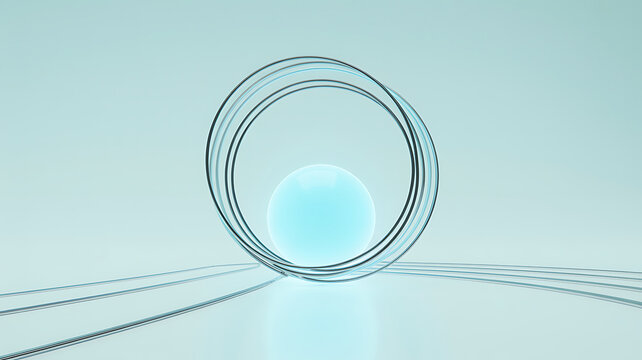Minimalist 3D render of a glowing cyan sphere positioned inside a series of thin, circular metallic rings, set against a light blue gradient background, with reflective floor surfaces