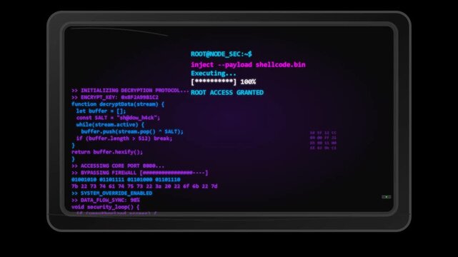 Retro computer terminal displaying command line interface with text execution and data processing, cybersecurity concepts, digital technology