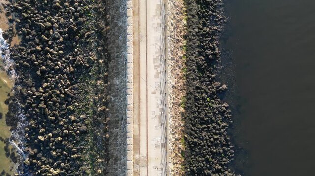 High Angle Drone Camera Footage of Newcastle upon Tyne Beach and Ocean. The Footage Was Captured at Just Before Sunset From Medium High Altitude From Sea Level on 13th October, 2025. 