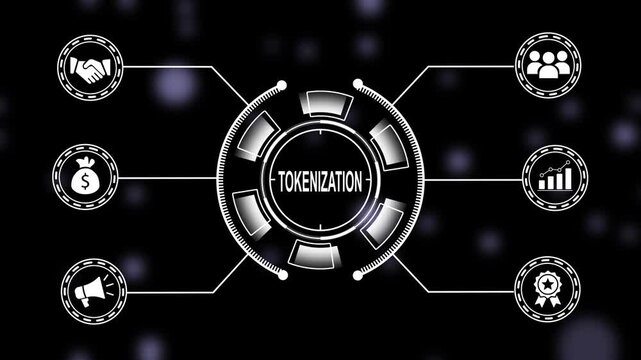 Dynamic tokenization concept infographic with animated hud interface and digital financial for blockchain technology, cryptocurrency assets, decentralized finance, and modern business data
