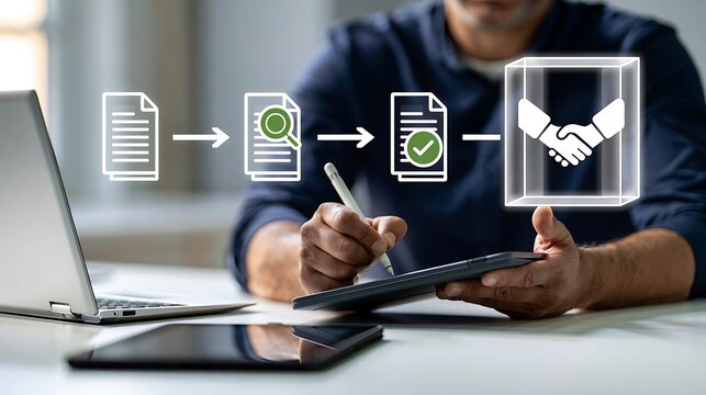 Procurement process management, Digital and paper document approval, contract verification, supplier negotiation, and business purchasing operations using laptop and paper in office environment