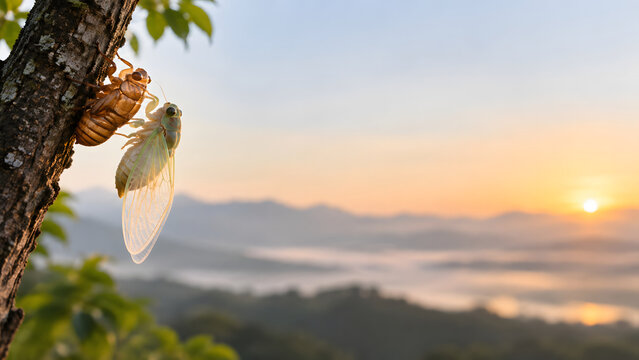 Cicada emerging from its shell at sunrise, showcasing nature beauty and transformation in serene landscape