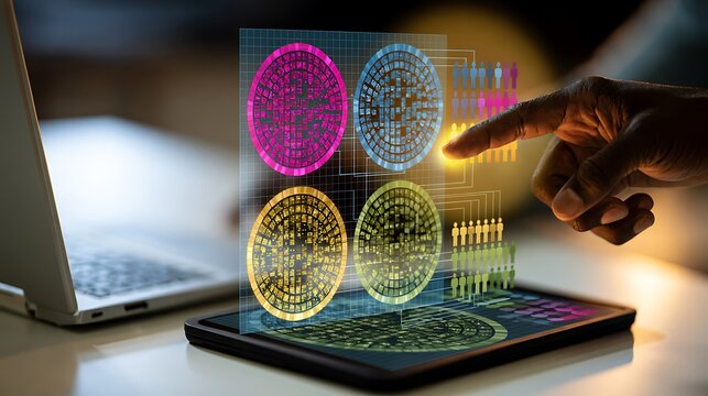 Business professional analyzing data clustering visualization on digital interface, customer segmentation groups connected to user icons, big data analytics, marketing strategy and audience targeting