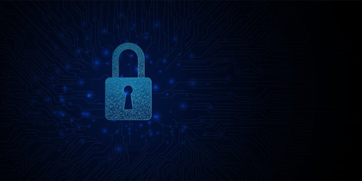 Digital lock icon centered on circuit board with glowing patterns. Dark blue cyber technology background for data security and network protection concepts. Tech bg. Vector illustration.