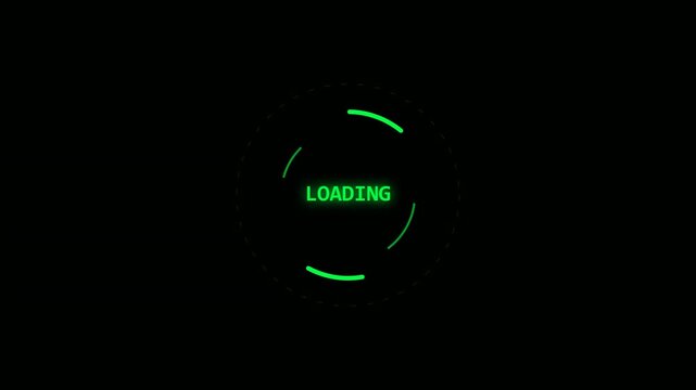 Digital loading indicator with glowing green rings and text