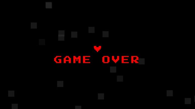 Digital screen displays game over message with pixelated background
