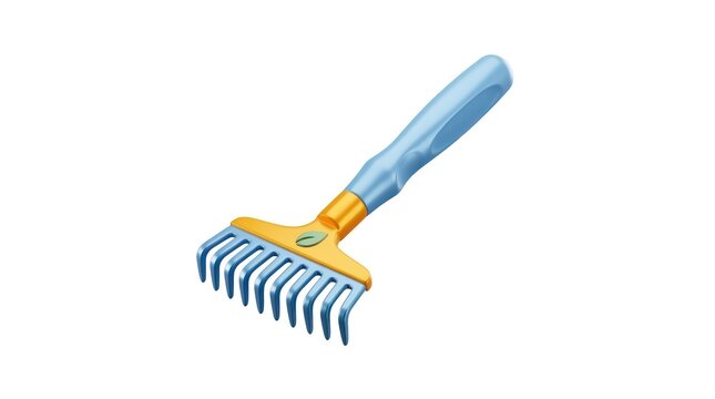 Blue and yellow hand rake for gardening isolated on white