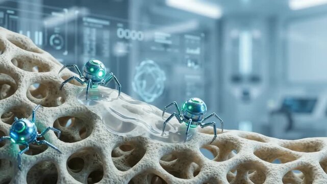 Osteoporosis Research Robotic Insect Studying Porous Bone Tissue and Skeleton in Futuristic Medical Laboratory Innovationores