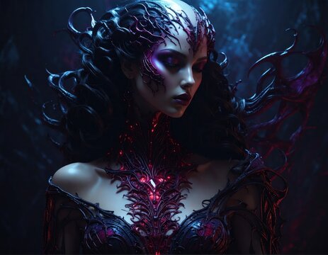 Dark alien queen with glowing red bio-mechanical details.