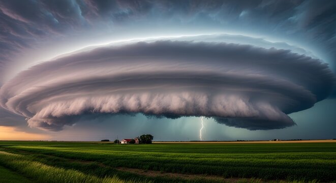 Dramatic Supercell Storm over green farmland with massive rotating shelf cloud and lightning strike, ideal for weather news and climate change awareness.