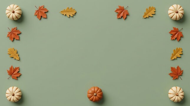 Autumnal flat lay with pumpkins and fall leaves on a sage green background