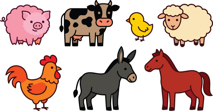 Cute Farm Animals Vector Set with Flat Cartoon Illustrations of Pig Cow Chick Sheep Rooster Donkey and Horse Characters for Kids Educational Books