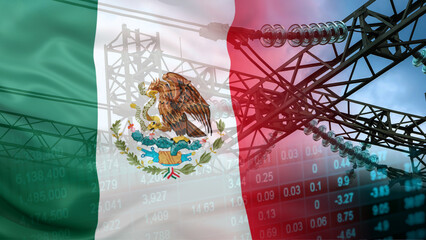 Mexico's power utility business growth and electrical grid infrastructure investment, featuring high-voltage electrical power lines and transmission towers over financial data spreadsheets © le