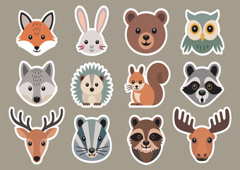 Obraz premium Cute Woodland Animals Vector Sticker Set Featuring Fox Rabbit Brown Bear Owl Wolf Hedgehog Squirrel Raccoon Deer Badger and Moose for Forest Life Graphic Designs