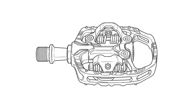 
Bicycle clipless pedal line art, mountain bike SPD pedal technical drawing isolated on white background