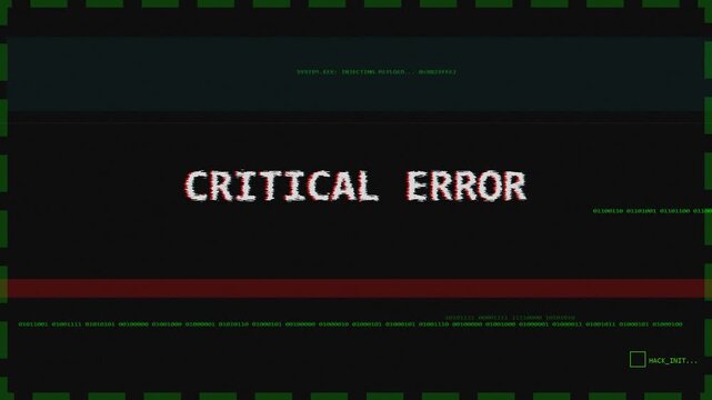 Critical error text message on old computer screen with digital glitch, scanlines, and noise texture for cybersecurity concepts