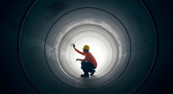 Industrial Inspection Worker in Safety Gear Crouching Inside Large Circular Pipe with Bright Light at the End Ideal for Infrastructure Maintenance and Engineering Safety Concepts.