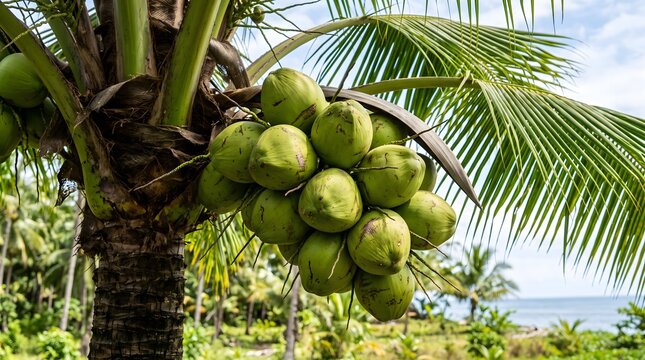 Cluster of green coconuts hangs from a tropical palm tree branch