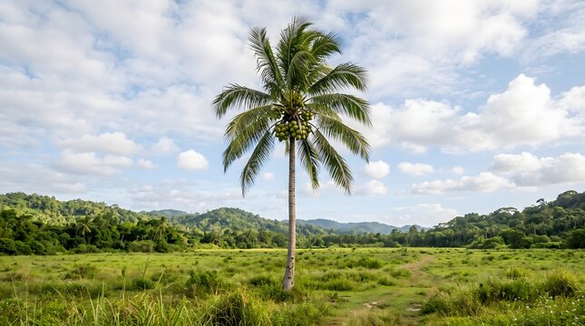 Coconut palm tree stands in a lush green field under a cloudy sky