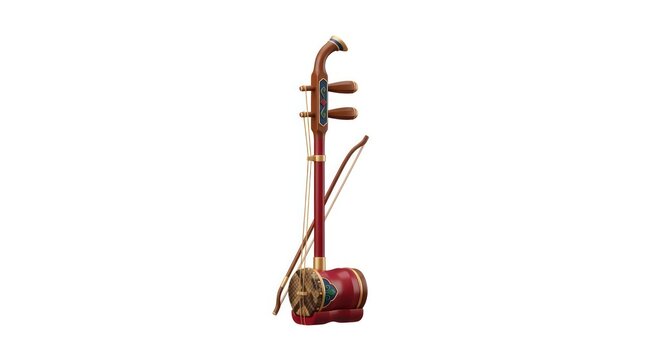 Traditional red erhu string instrument and bow isolated on white