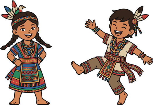 Cute cartoon indigenous children in traditional cultural clothing dancing and smiling vector illustration