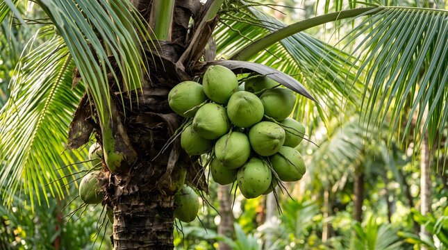 Cluster of green coconuts hangs from a tropical palm tree