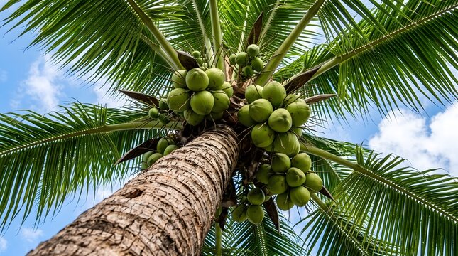 Green coconuts cluster on a palm tree against a blue sky