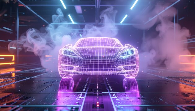 Futuristic Wireframe Vehicle with Glowing Purple Neon Mesh and Optically Pumped Magnetometer OPM Sensor in Cybernetic Lab