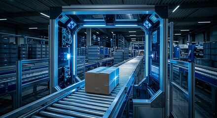Obraz premium Cardboard box moving on automated roller conveyor belt inside modern warehouse facility with advanced scanning system
