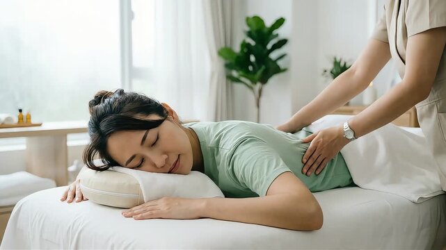 うつ伏せで肩のマッサージを受ける女性