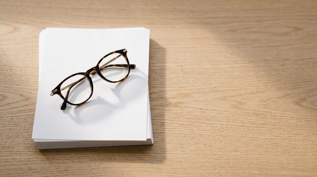 Pair of reading glasses resting on top of a stack of white paper