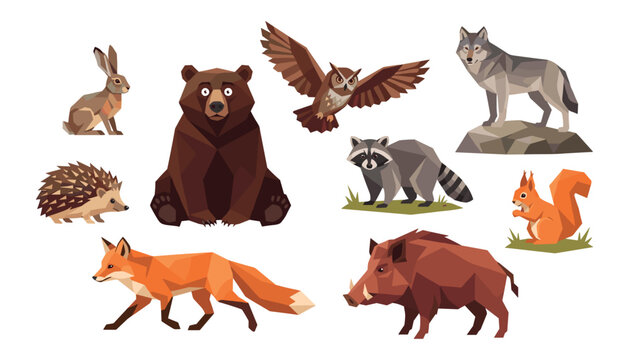Geometric low poly forest animal vector illustration set featuring a bear fox wolf owl raccoon squirrel hedgehog boar and rabbit