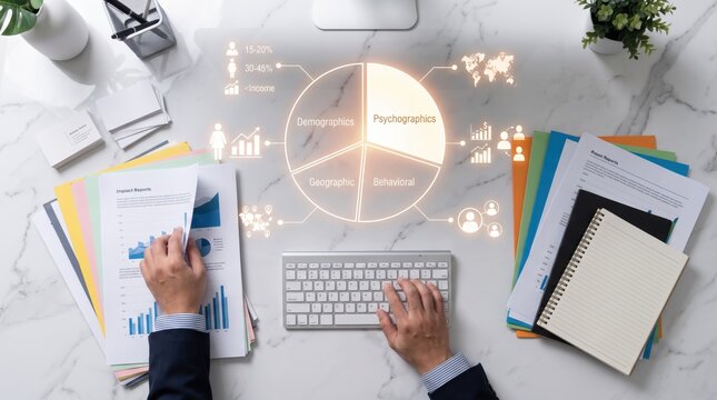 Analyst working on market research with pie chart showing demographics psychographics geographic behavioral data, business strategy planning and statistical analysis on desk workspace.,