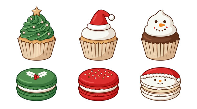 Collection of six holiday dessert illustrations featuring Christmas themed cupcakes and macarons with festive decorations including a snowman, Santa hat, holly, and Christmas tree.